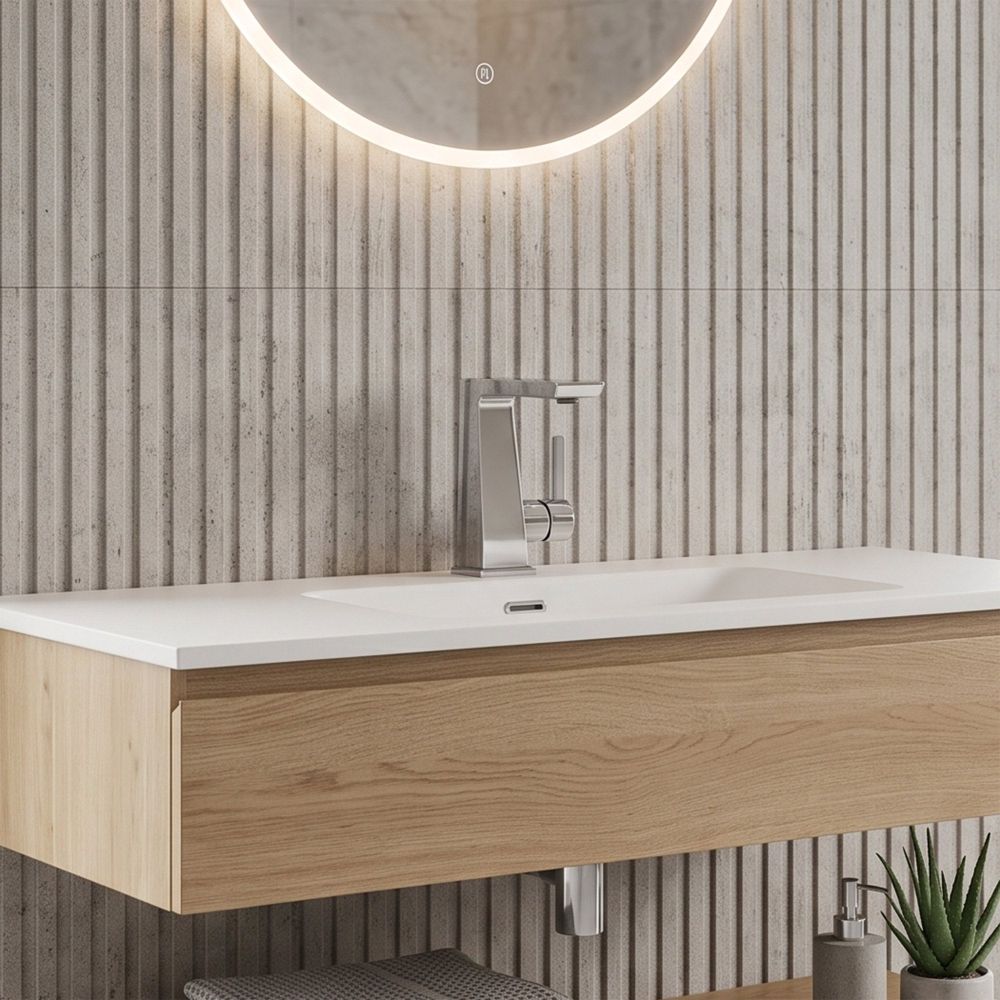 neutral bathroom with angled chrome mixer tap and side handle