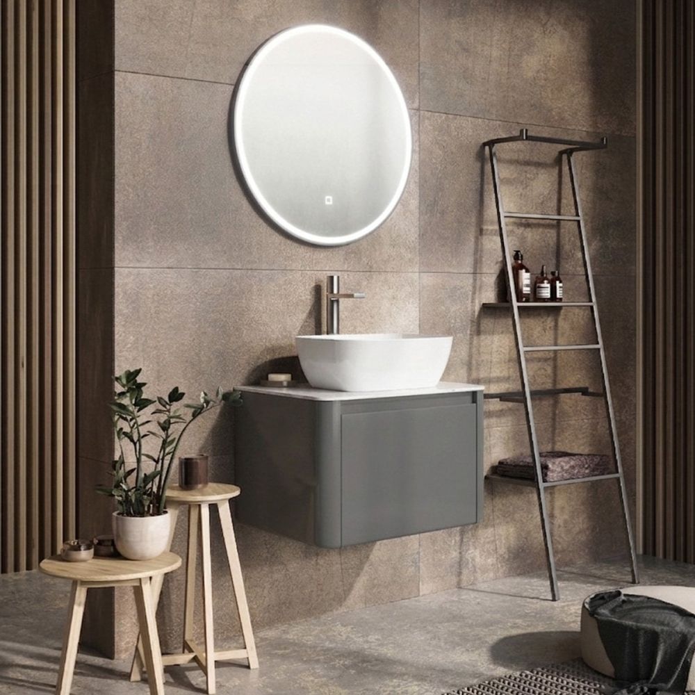 Modern roomset showcasing the Callerton Titanium Grey Wall Hung Vanity Unit with White Marble Worktop 650mm