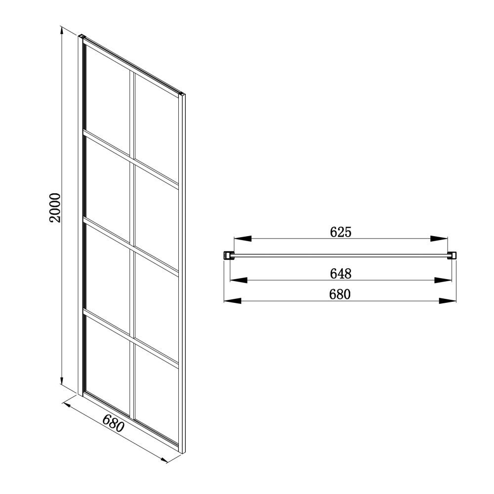 Amien Matt Black Grid Framed Shower Screen 680mm Spec Drawing