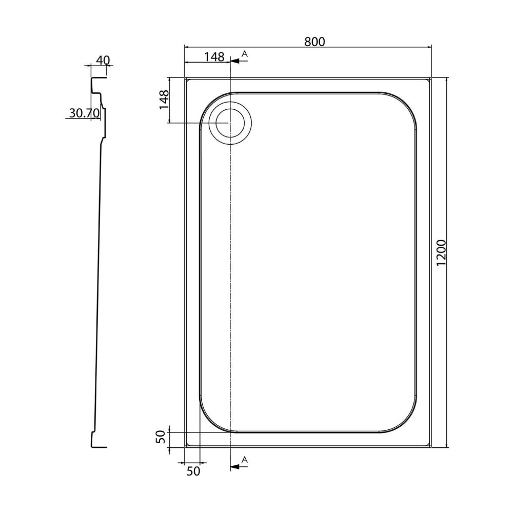 Low Profile Rectangle Shower Tray 1200x800mm Spec Drawing