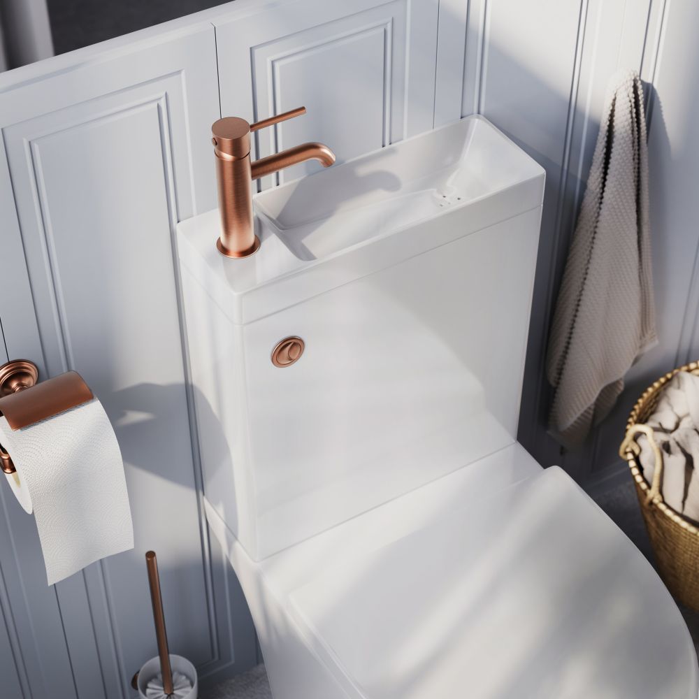 Joane Close Coupled Rimless 2-in-1 Combination Toilet & Basin with Bronze Push Button