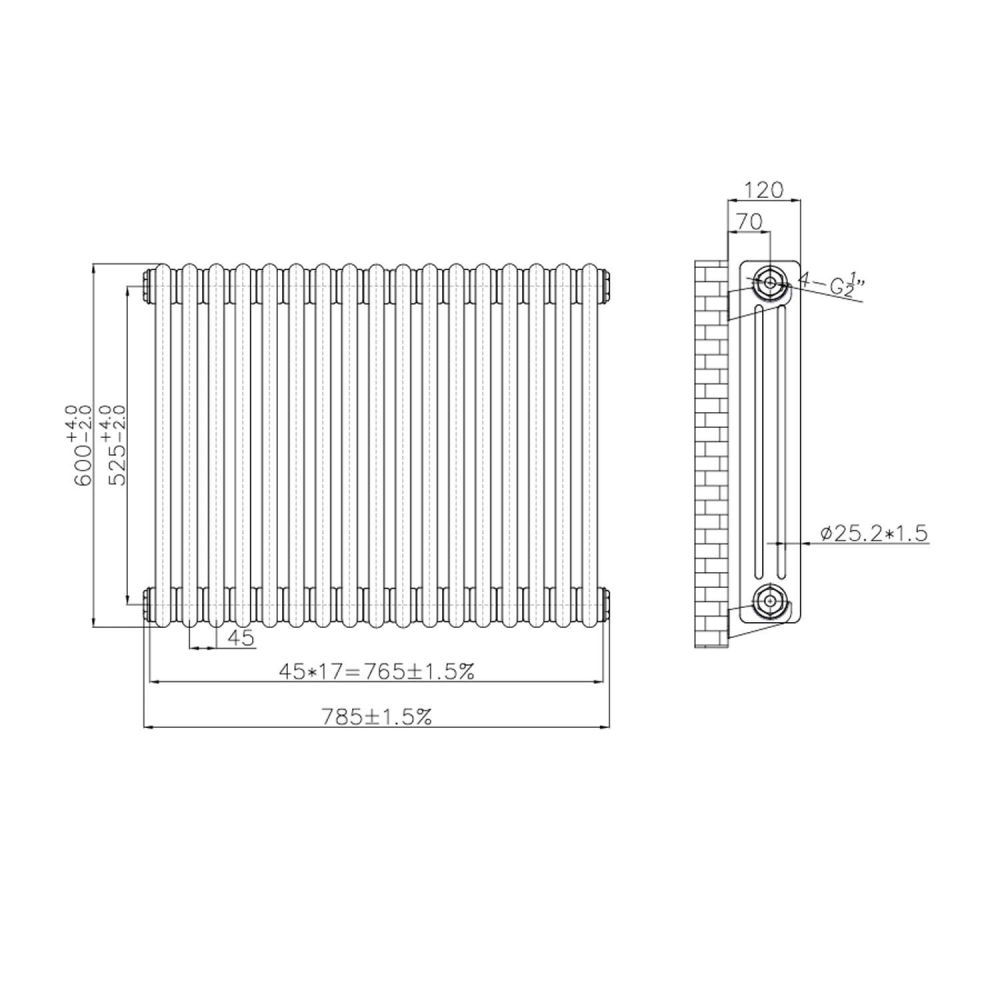 Clement Raw Metal Triple Horizontal Column Radiator - 600x785mm Spec