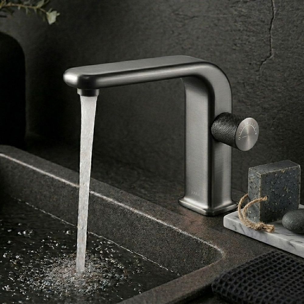 Atmospheric lifestyle image of the Manisa Gunmetal Basin Mono Tap