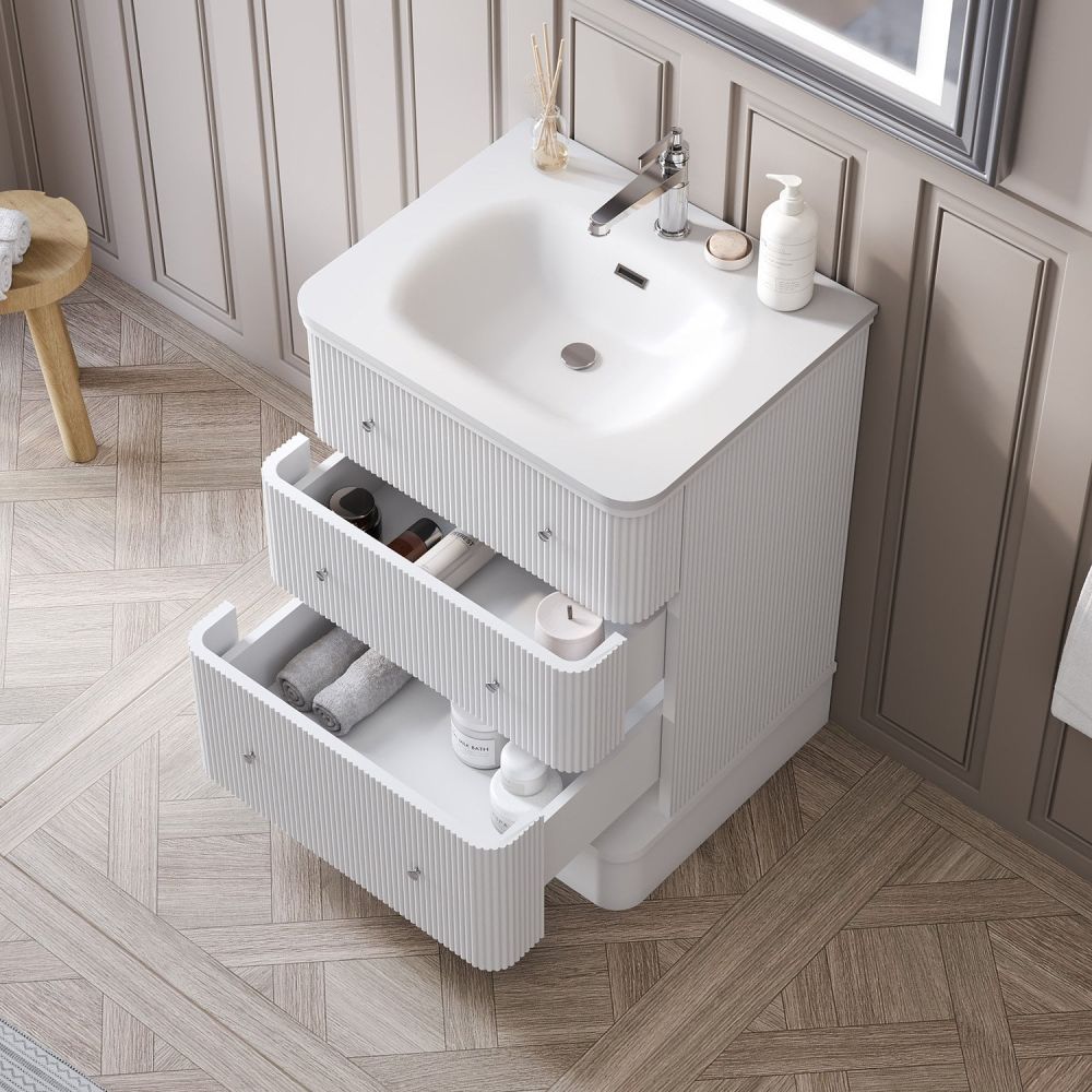 Traditional styled bathroom showing the Hayward White Ribbed Floor Standing Vanity Unit 600mm open