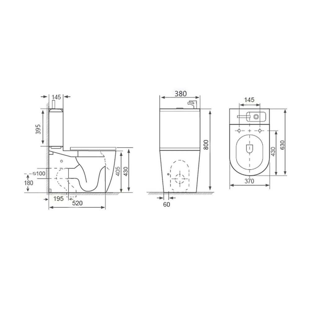 Joane Close Coupled Rimless 2-in-1 Combination Toilet & Basin Technical Drawing