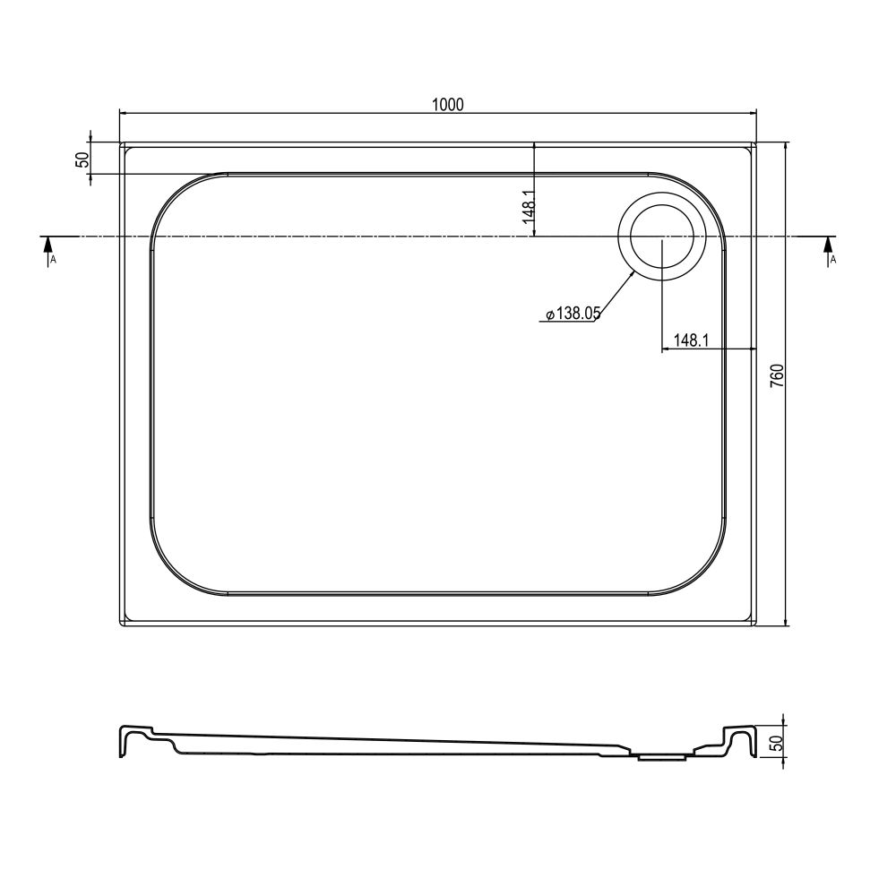 Low Profile Rectangle Shower Tray 1000x760mm Spec Drawing