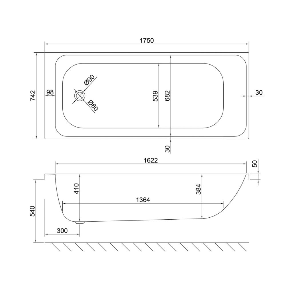 Carron Profile Acrylic Single Ended Bath 1750x750mm