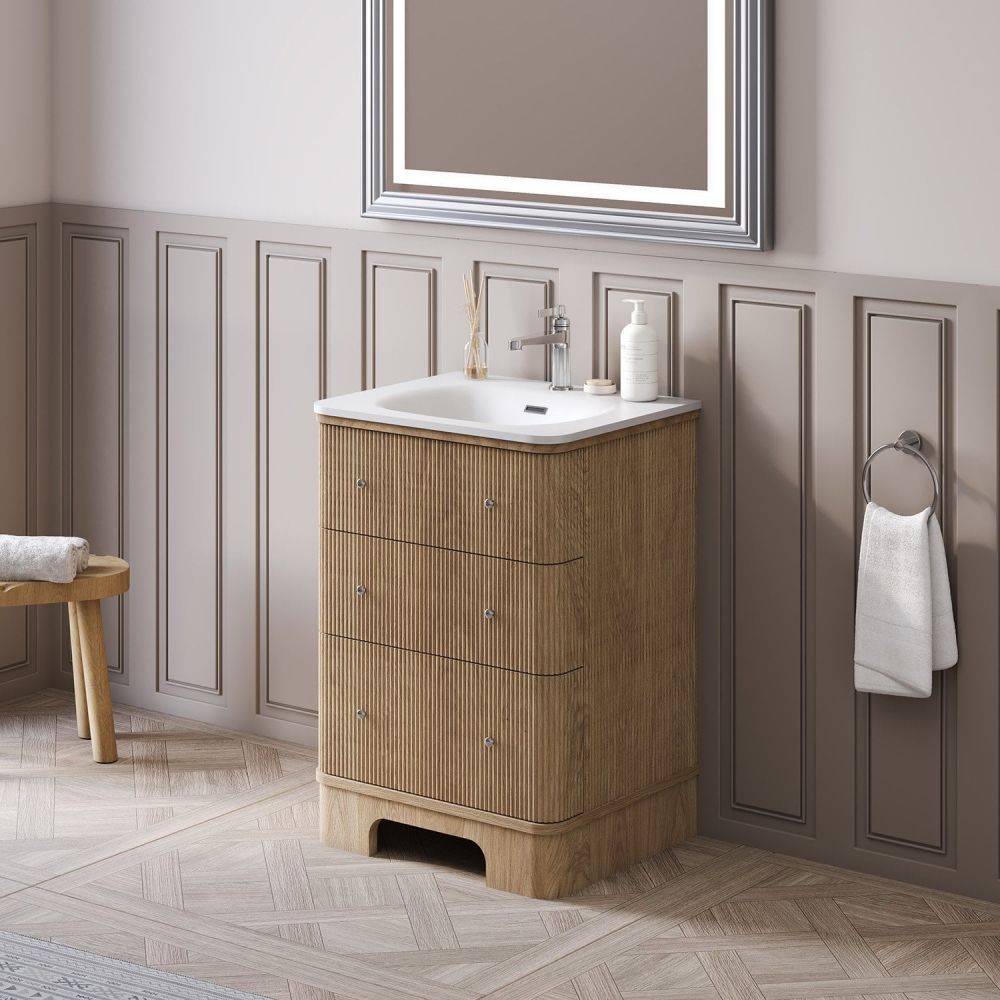 Traditional bathroom setting showing the Hayward Natural Oak Ribbed Floor Standing Vanity Unit 600mm