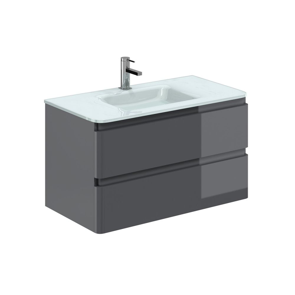 Neon Gloss Titanium Grey Wall Hung Vanity Unit with Opal Glass Basin 900mm