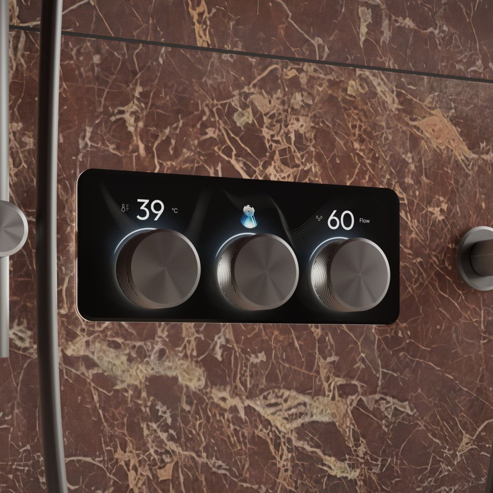Aqualisa S3 Gunmetal Controls kon an brown tiled background