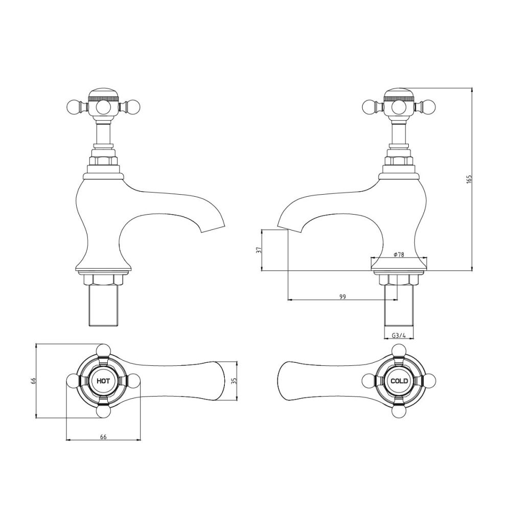 Grosvenor Gold Bath Pillar Taps - dimensions