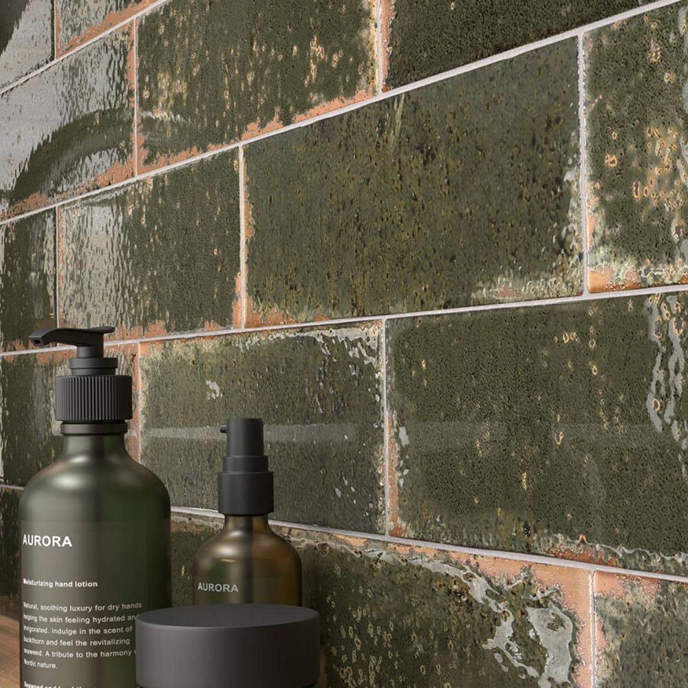 Monza Oliva Glossy Porcelain Brick Tile | Rectangle Zellige Tiles