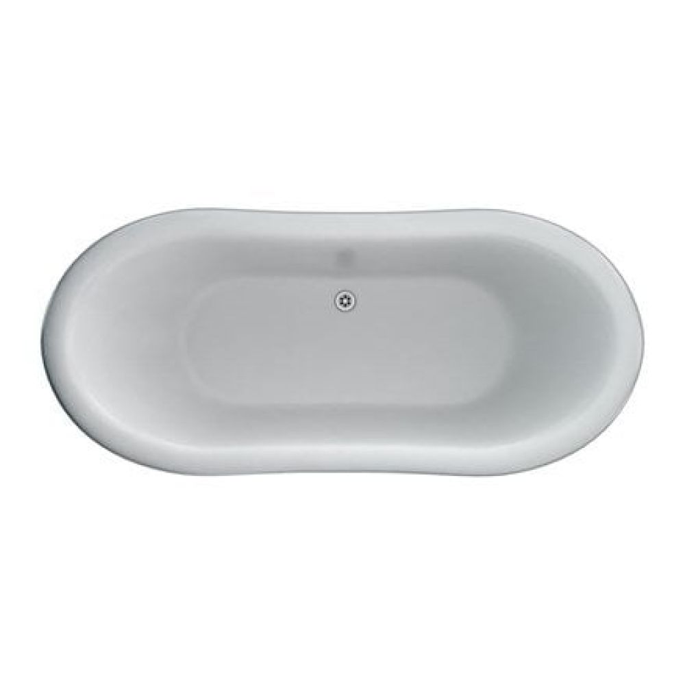 aerial view of a white boat shaped double ended bath with roll top edge and luxury chrome claw feet