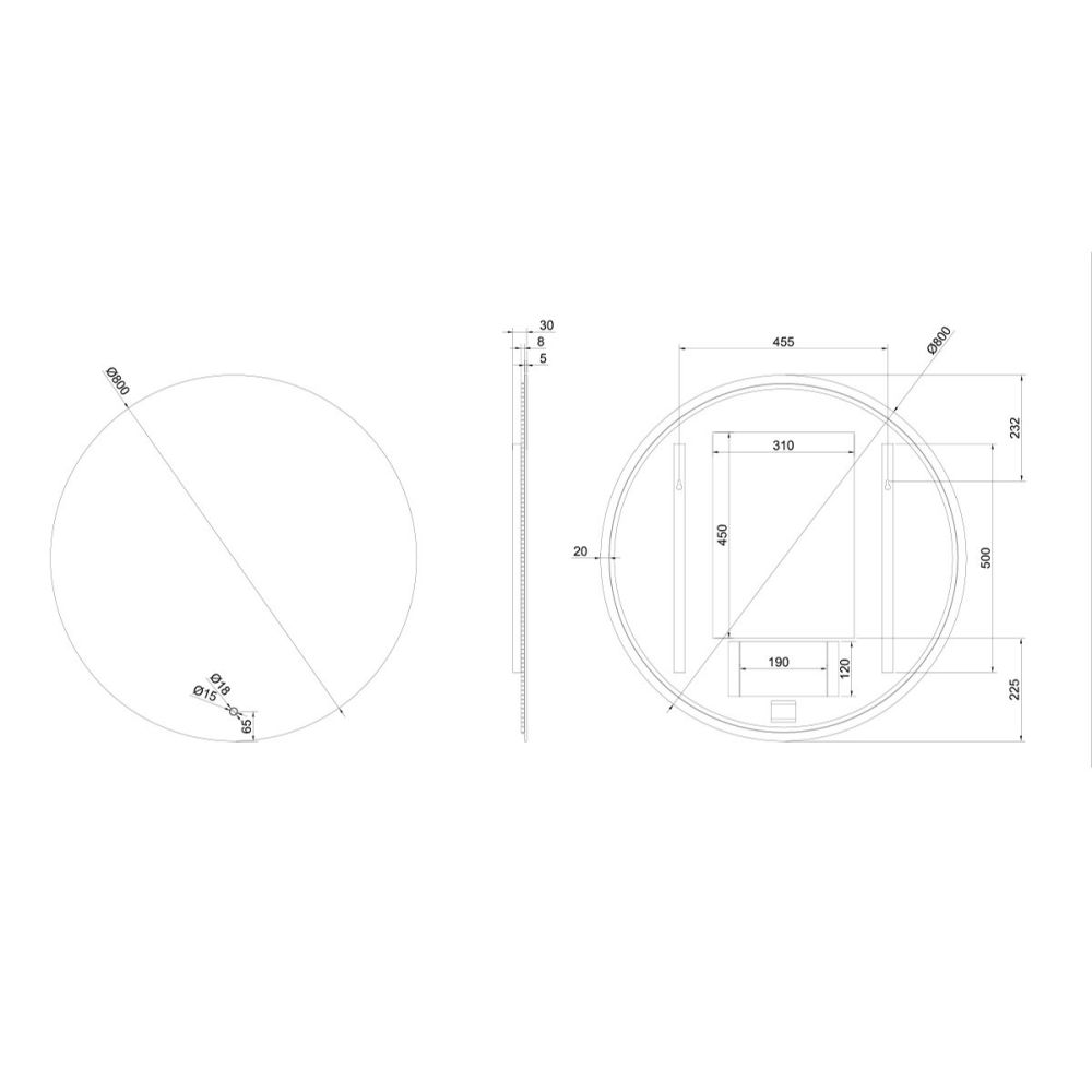 Felix Round Circle Backlit LED Heated Bathroom Mirror 800x800mm Dimension Technical Drawing