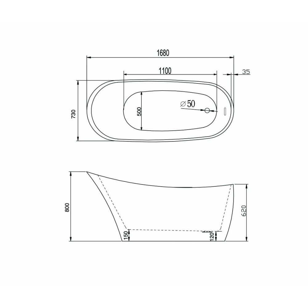 Sandhurst Freestanding Acrylic Bath 1680x730mm dimensions