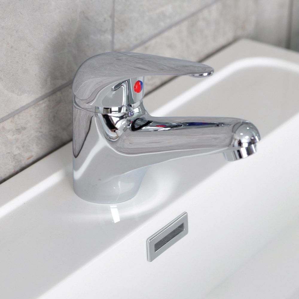 Clean and modern bathroom setting showing the Odell Chrome Basin Mixer Tap & Waste