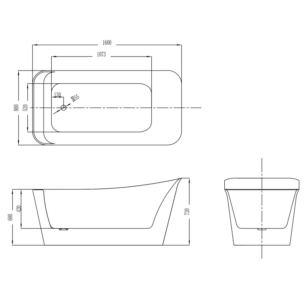 Chardon White Freestanding Acrylic Bath 1600x800mm dimensions