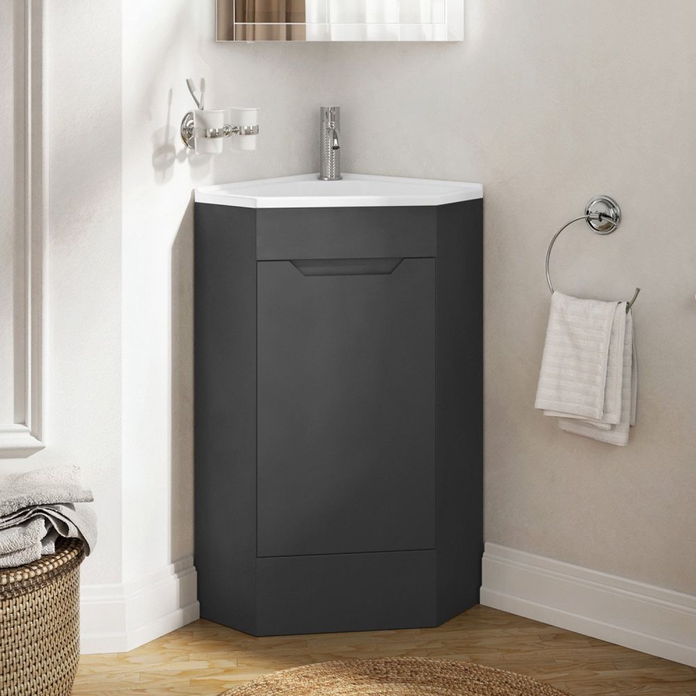 Clean roomset showing the Ellis Charcoal Floor Standing Corner Vanity Unit 410mm