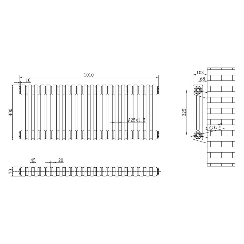 Upton Grey Triple Horizontal Column Radiator 400x1010mm