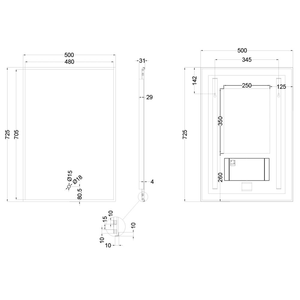 Rione Rectangular Backlit LED Heated Mirror 500x725mm Dimensions Drawing