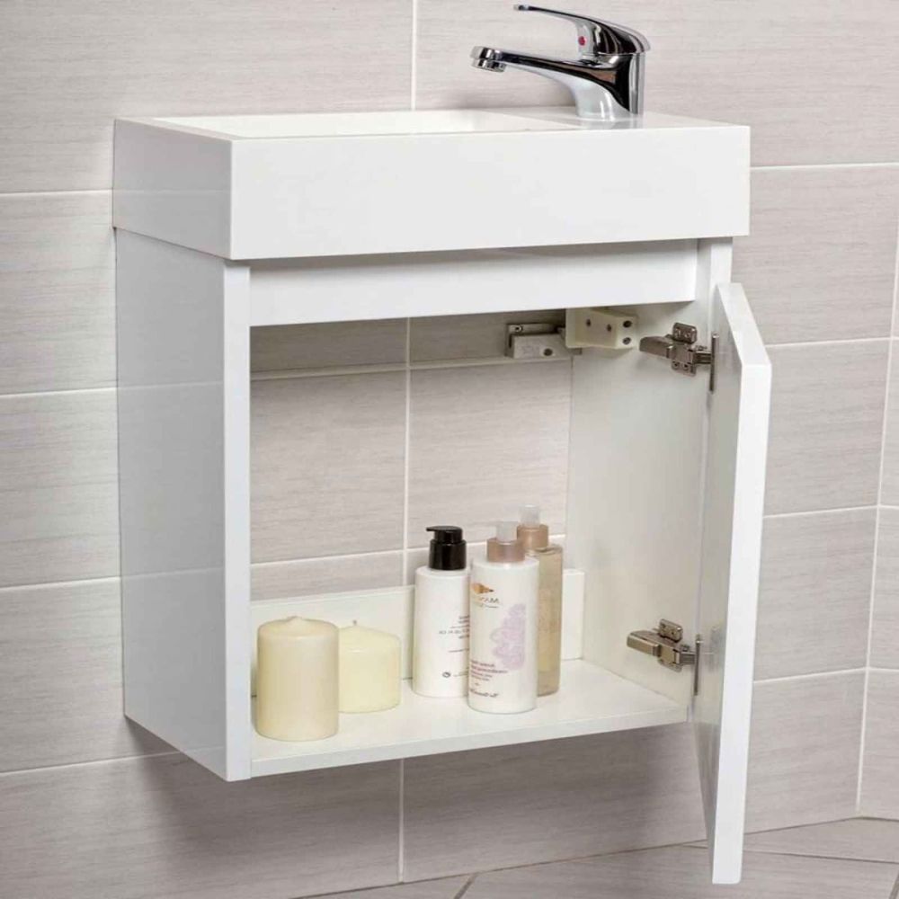 Internal cupboard view of the Compact Gloss White Wall Hung Cloakroom Vanity Unit