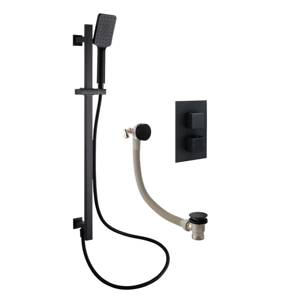 Zena Matt Black Square Double Outlet Valve with Slide Rail Kit and Bath Filler