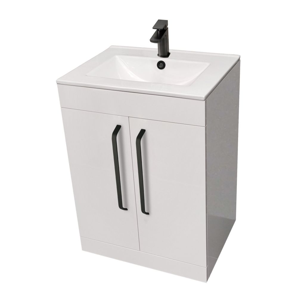 Apex 615mm Floor Standing Vanity Unit & Basin in Gloss White with Matt Black Handles
