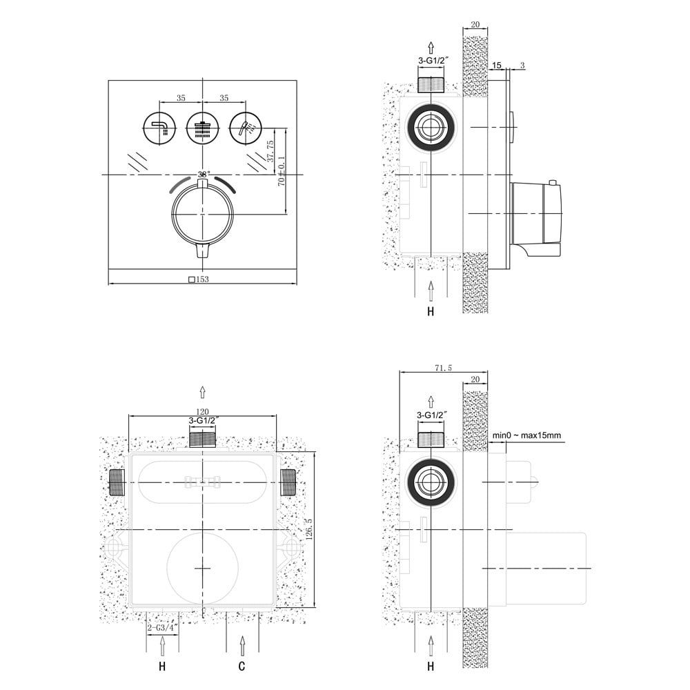 Baylin Chrome Triple Outlet Concealed Valve Shower Pack