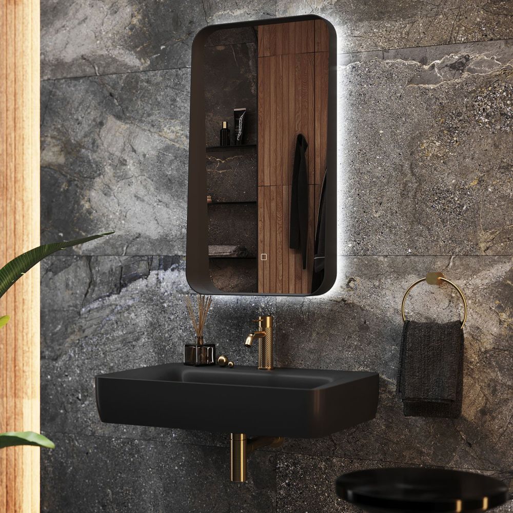 Maine Black Framed Backlit LED Heated Bathroom Mirror 500x900mm