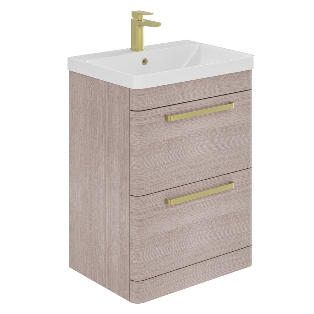Esk Stone Grey Floor Standing Vanity Unit and Basin with Brushed Gold Handles 600mm