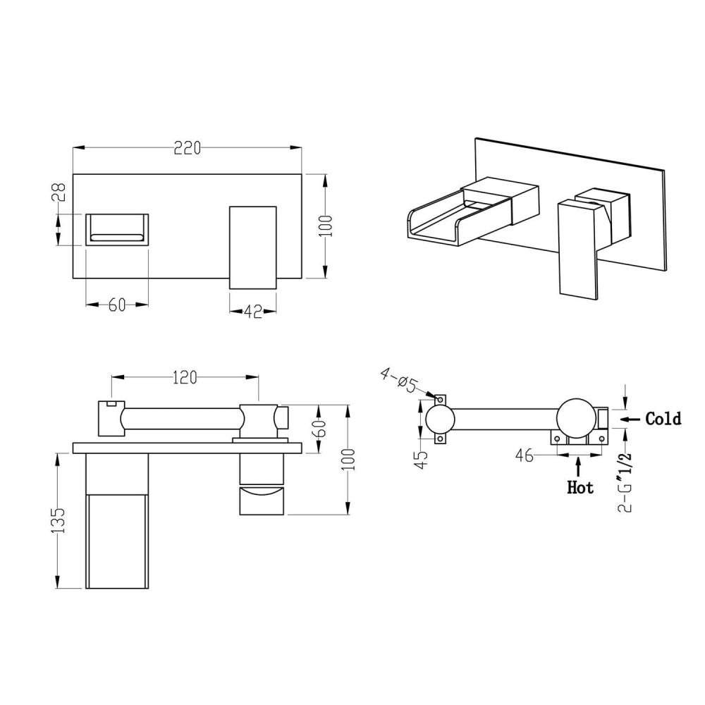 Cairo Chrome Wall Mounted Basin Mono Tap - dimensions