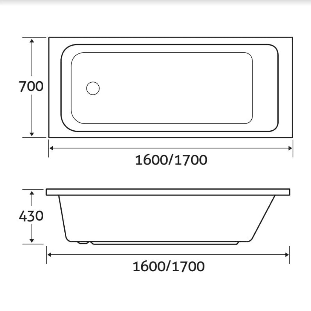 Aero Reinforced Acrylic Single Ended Bath 1600x700mm - Dimensions