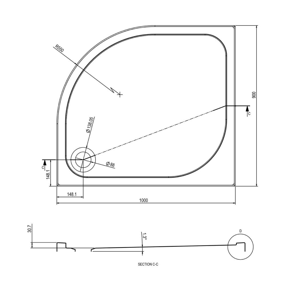 Low Profile Right Hand Offset Quadrant Shower Tray 1000x900mm dimensions