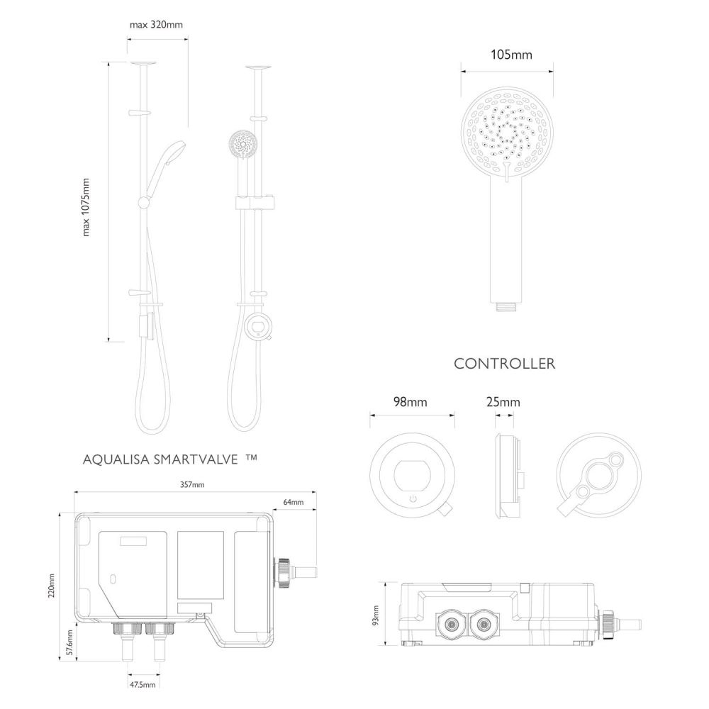 Aqualisa Quartz Touch Exposed Smart Shower with Adjustable Head - Hp/Combi