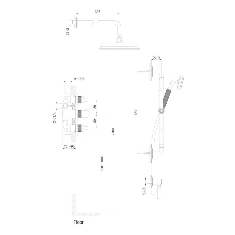 Downton Bright Copper Concealed Valve Shower Pack Spec Drawing