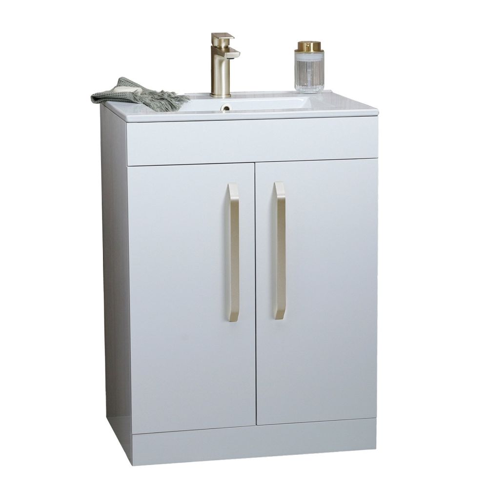 Apex 615mm Floor Standing Vanity Unit & Basin in Gloss White with Brushed Nickel Handles
