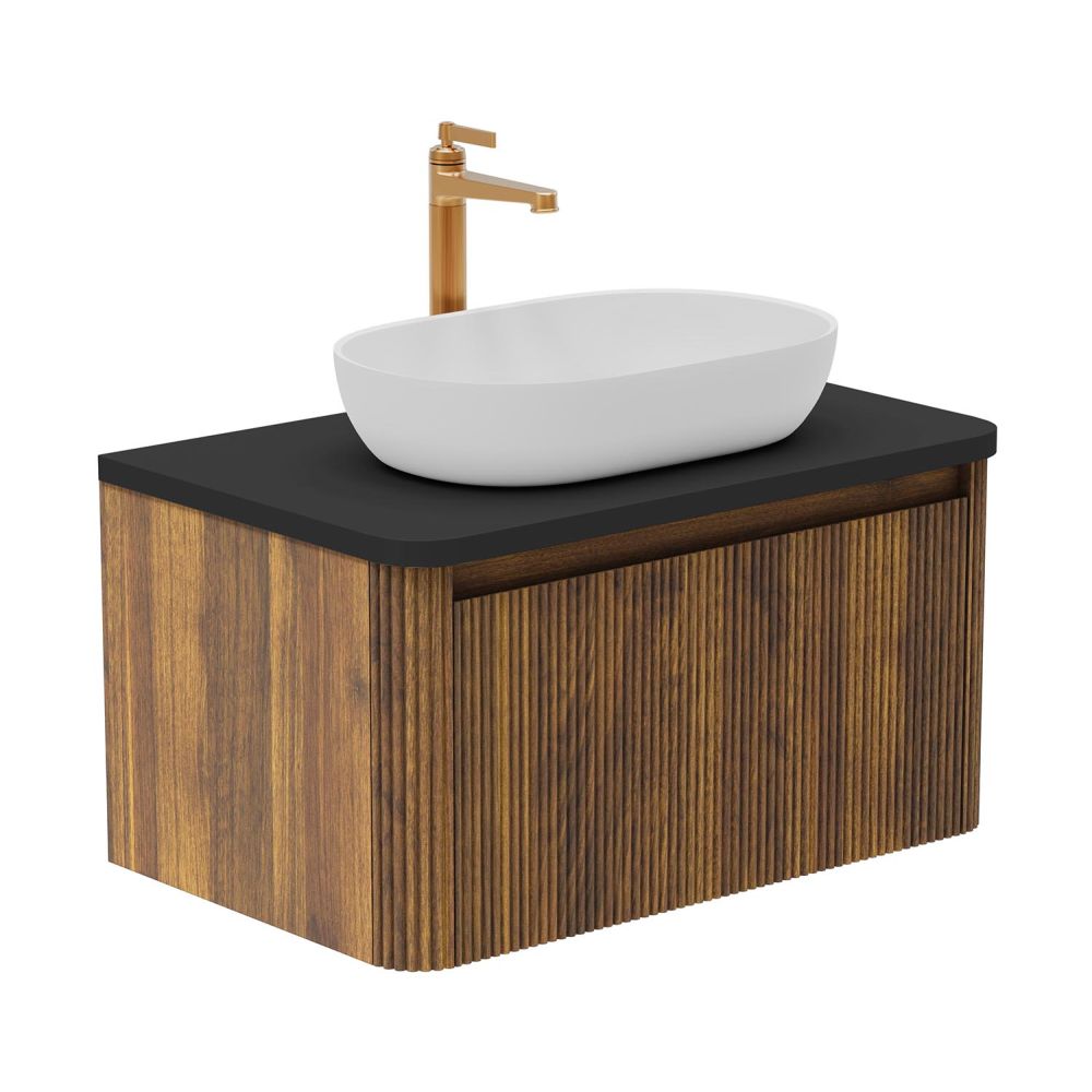 Wish Ribbed Wall Hung Vanity Unit in Walnut with Black Worktop 800mm