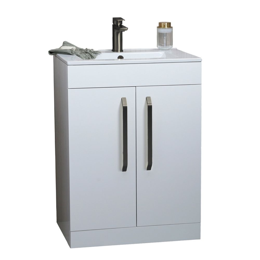 Apex 615mm Floor Standing Vanity Unit & Basin in Gloss White with Gunmetal Handles