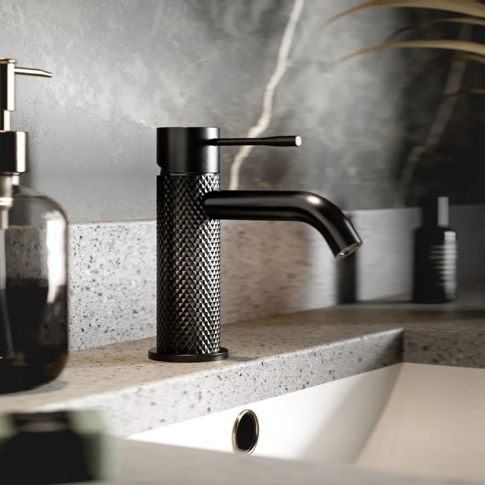 Moray Gunmetal single lever basin mixer tap featuring a textured knurled detailing - Roomset