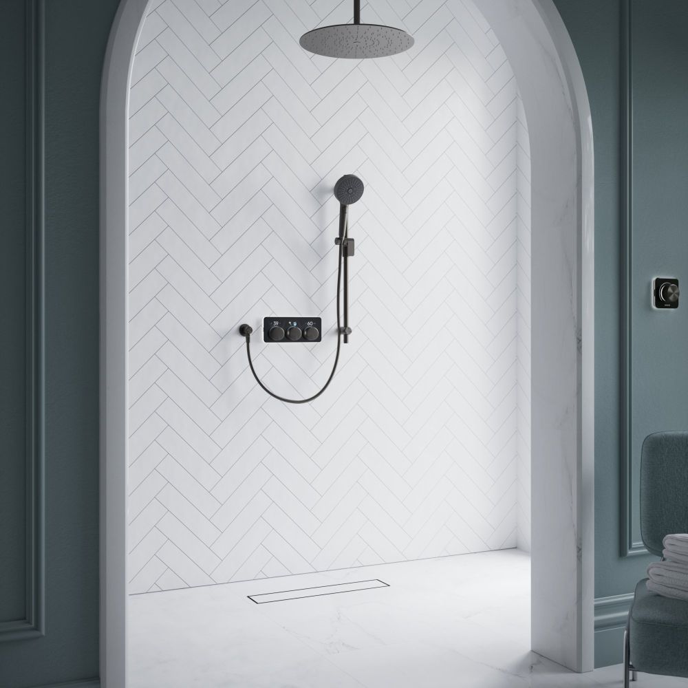 Aqualisa S3 Matt Black Shower Pack on a white tiled background