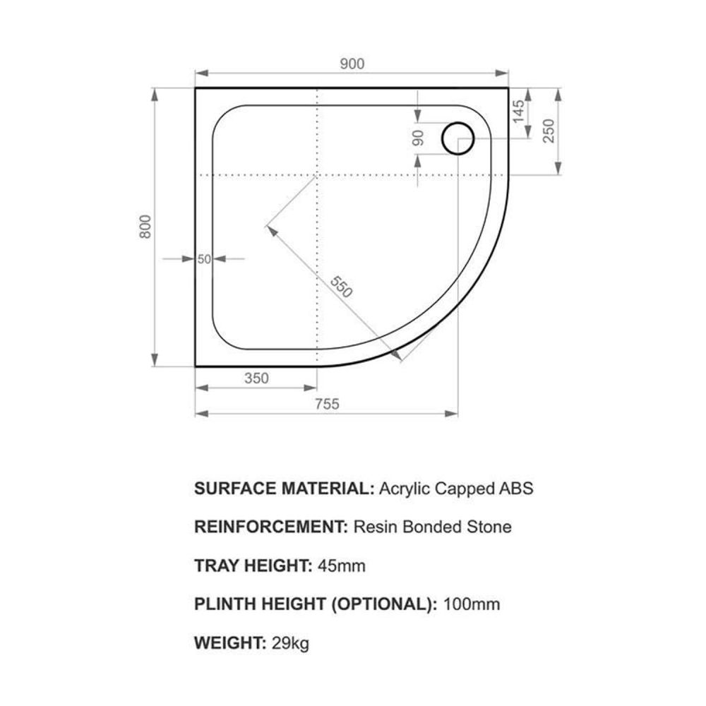 Kstone Left Hand Offset Quadrant Shower Tray 900x800mm KSQ9080LH Spec Drawing
