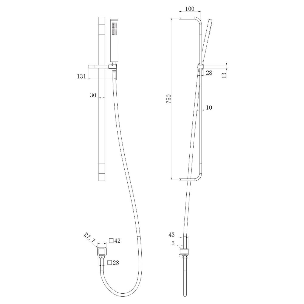 Liva Square Shower Slide Rail Spec Drawing