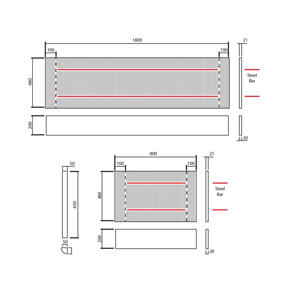 Revel 800mm Ribbed Natural Oak End Bath Panel & Corner Post Dimension Drawing