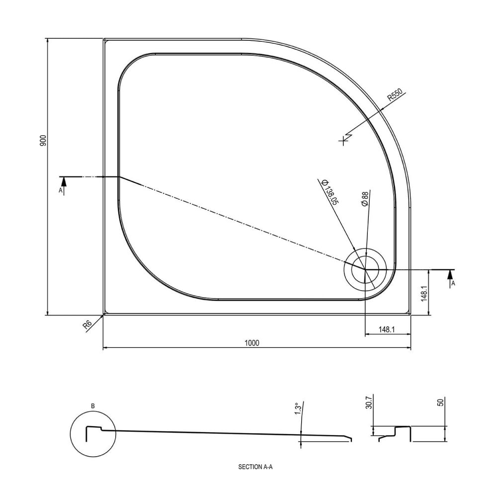 Low Profile Left Hand Offset Quadrant Shower Tray 1000x900mm dimensions