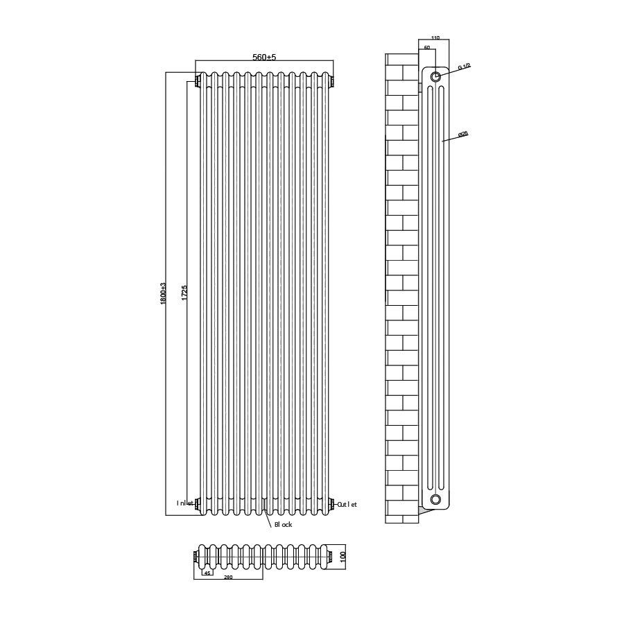 Upton Double Vertical Traditional Column Radiator 1800x560mm Technical Drawing