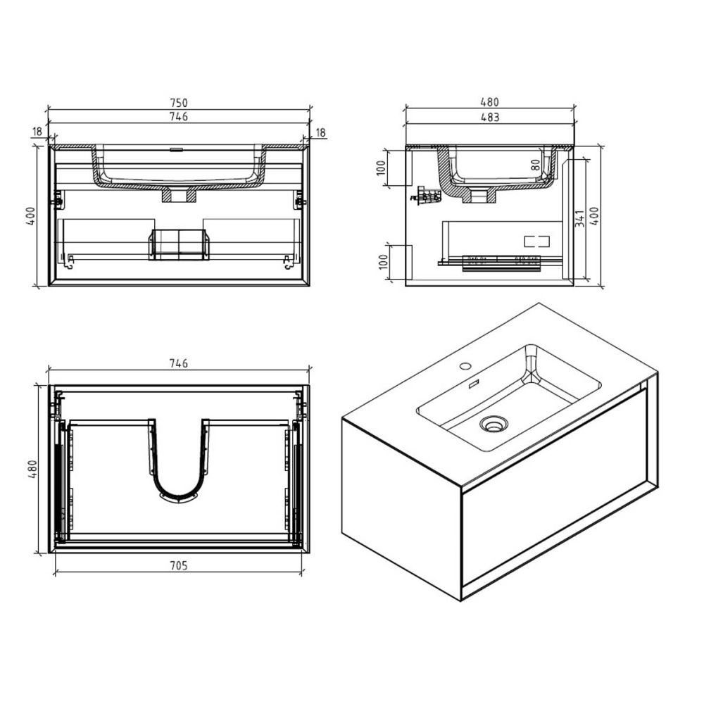 Snowdon White and Oak Wall Hung Vanity Unit with White Basin 750mm Dimensions