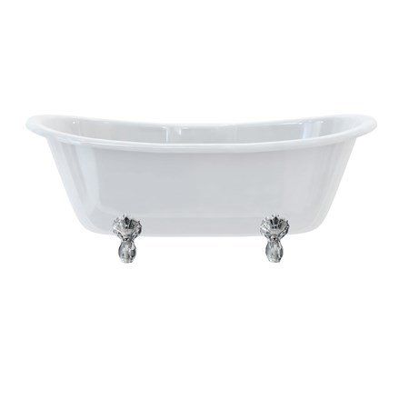 White boat shaped double ended bath with roll top edge and luxury chrome claw feet