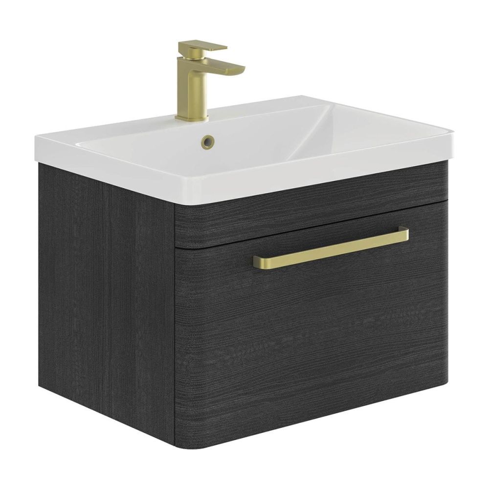 Esk Black Wall Hung Vanity Unit and Basin with Brushed Gold Handles 800mm