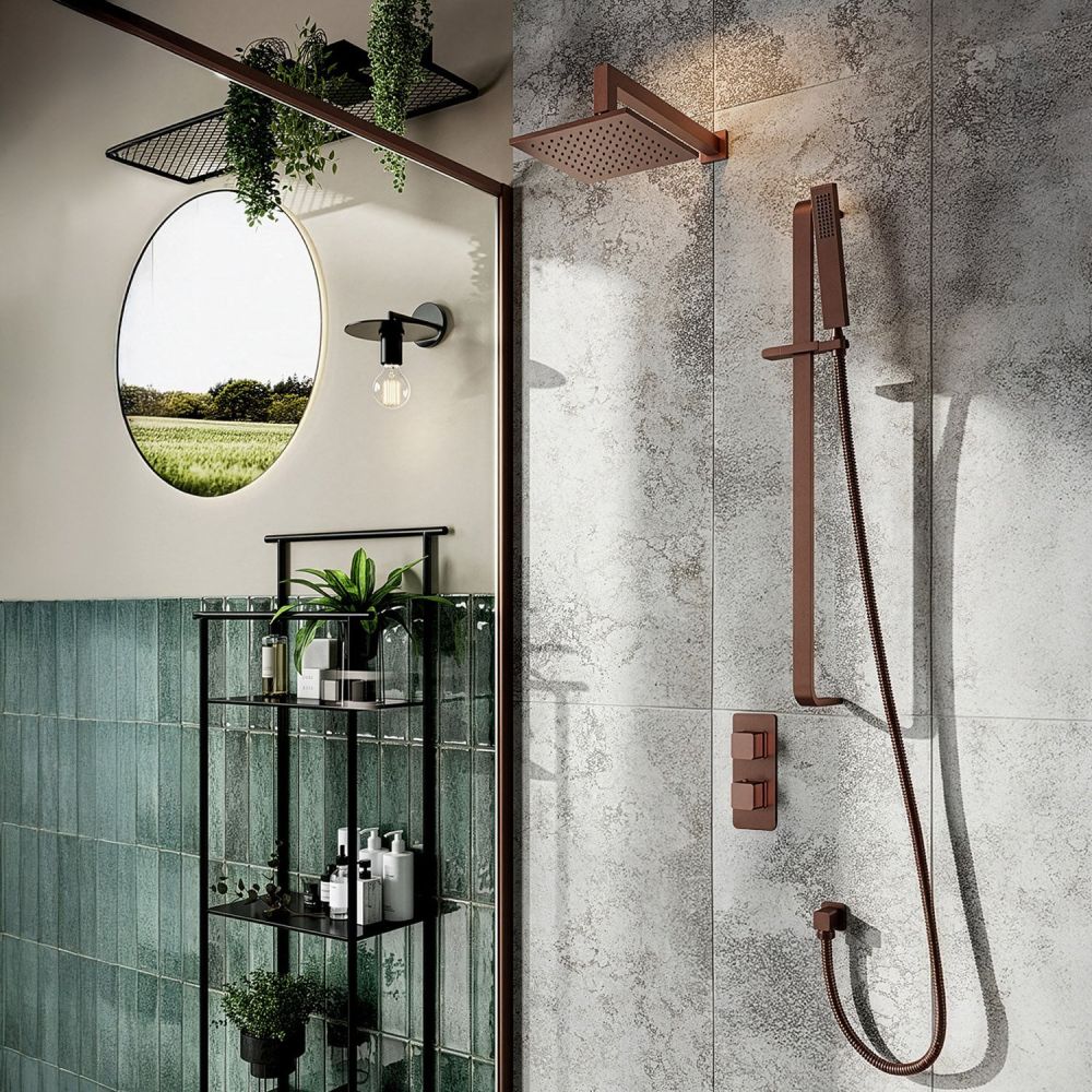 Liva Brushed Bronze Dual Outlet Square Shower Pack with Fixed Head & Slider Rail