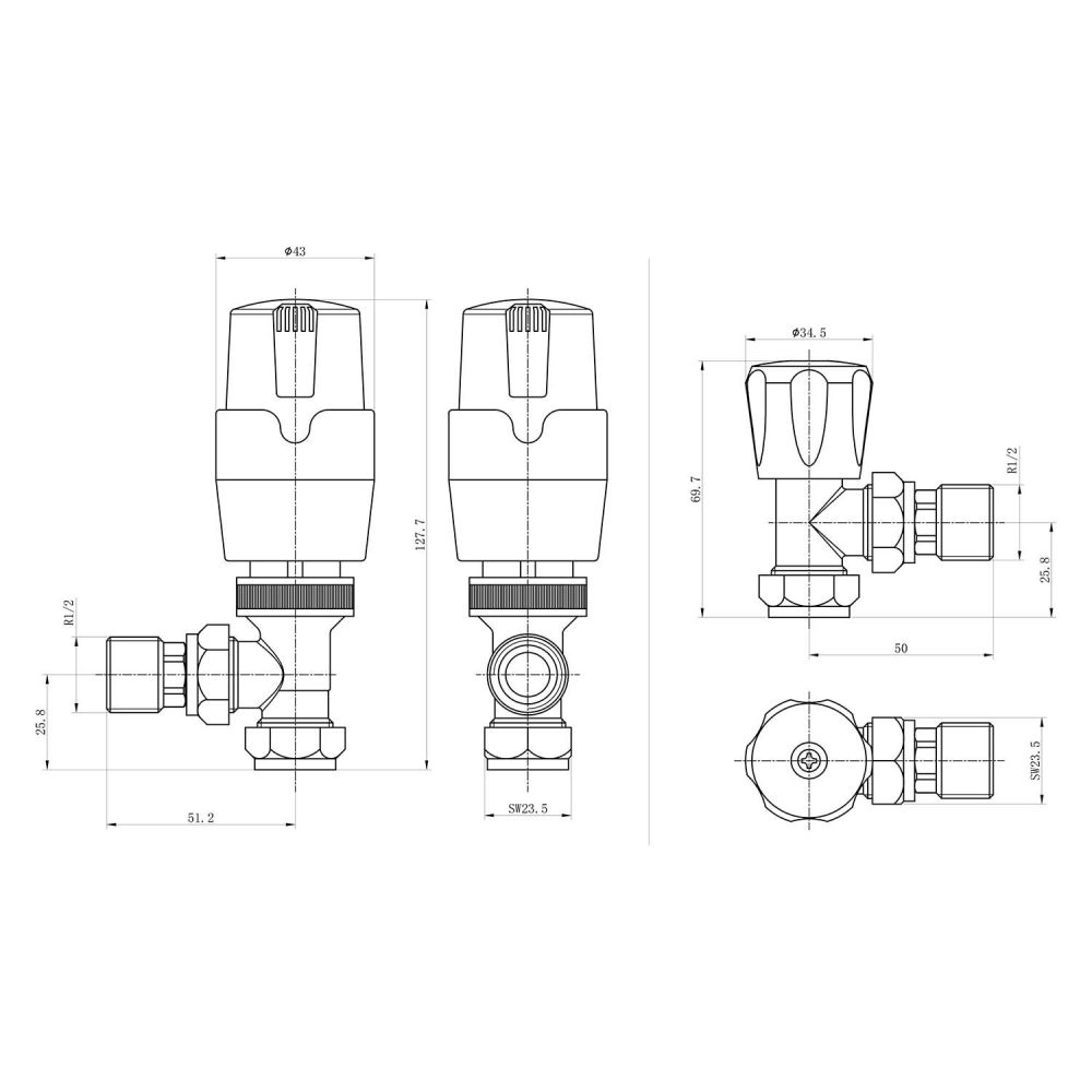 Thermostatic Chrome Angled Pair of Radiator Valves Spec Drawing